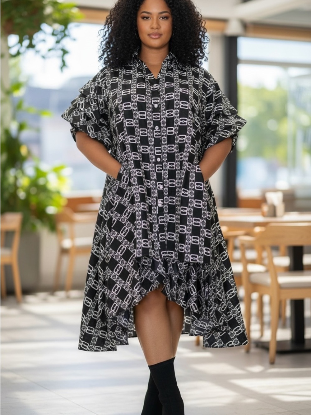 Black Patterned Button-Front Midi Dress with Pockets